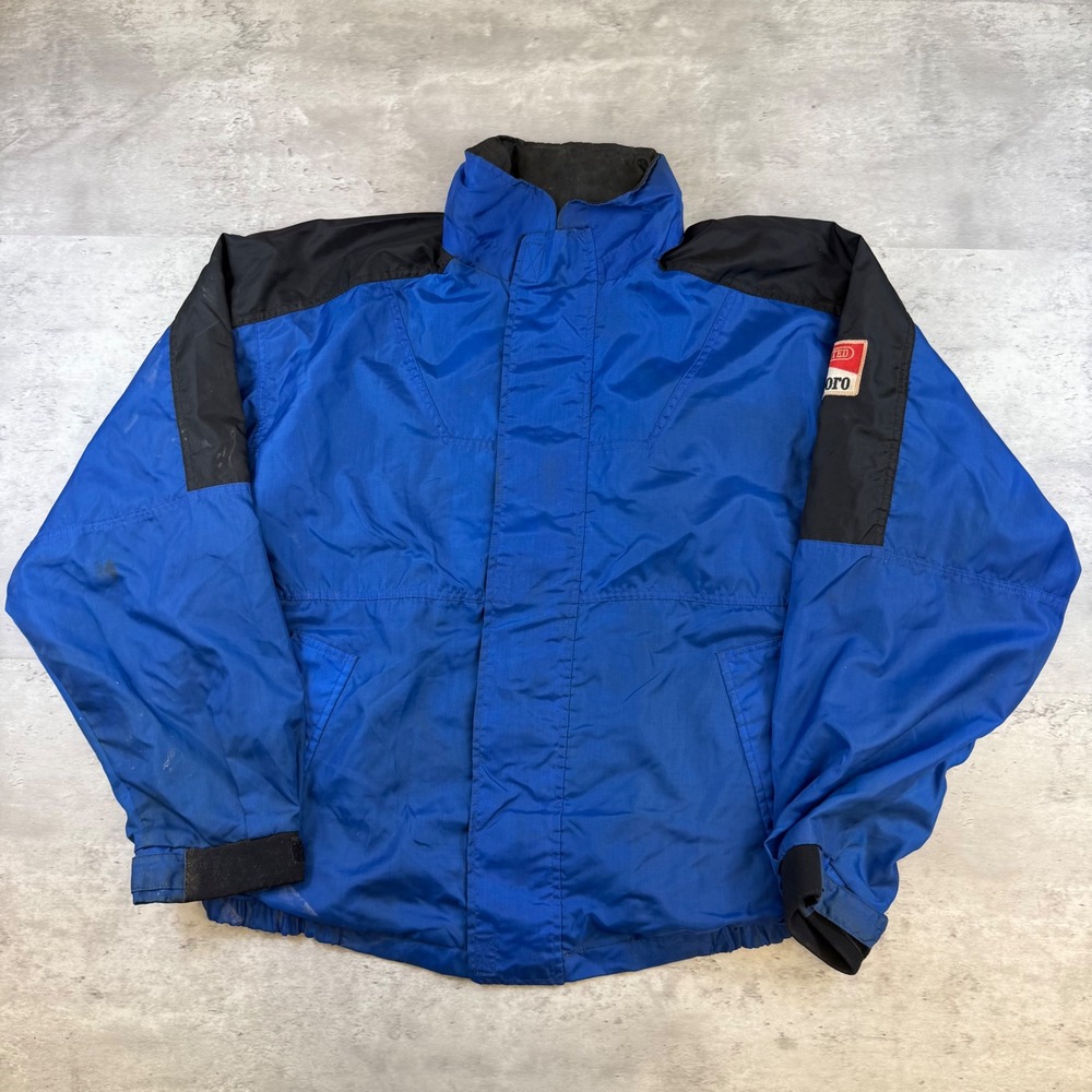 Vintage Marlboro Unlimited Blue Black Nylon Windbreaker Jacket Mens Medium